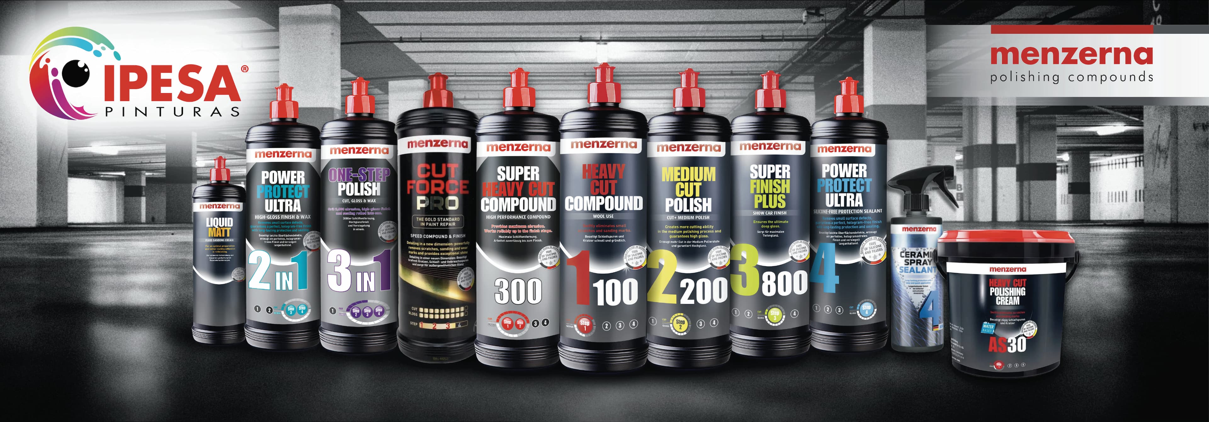 Línea de pulimentos y productos para repintado automotriz Menzerna disponible en IPESA Pinturas.