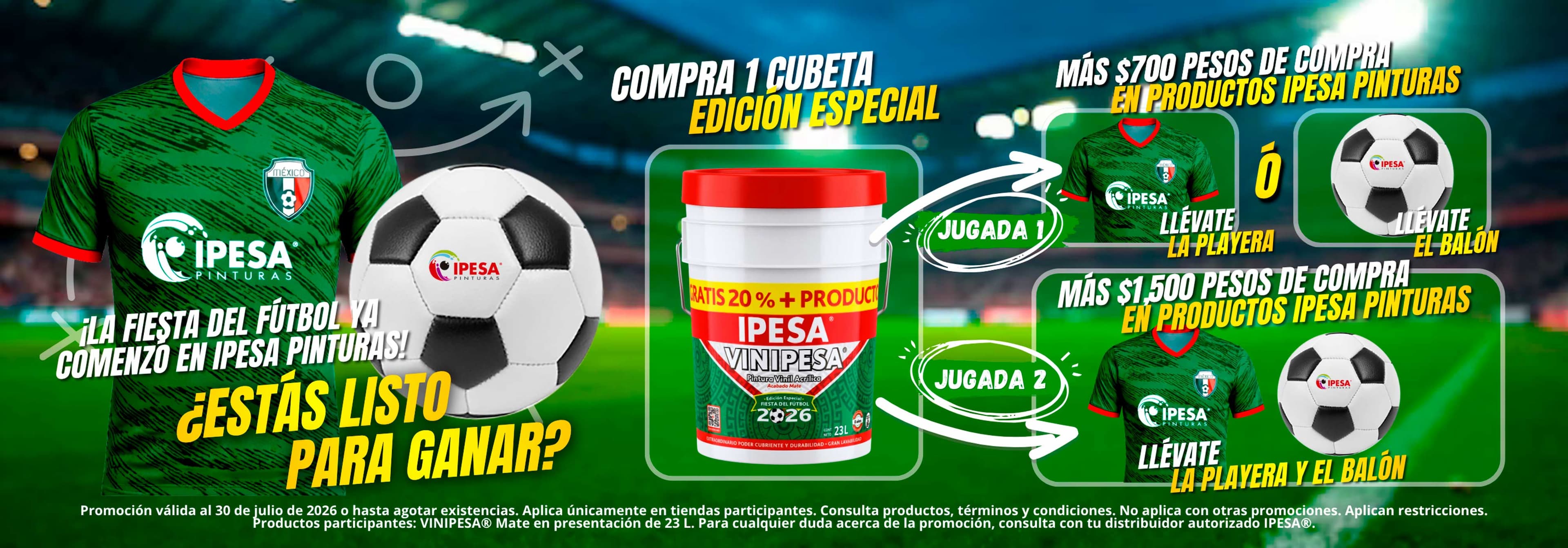 Promoción Fiesta del Fútbol: compra Vinipesa edición especial y recibe una playera, un balón o ambos según el monto de compra.